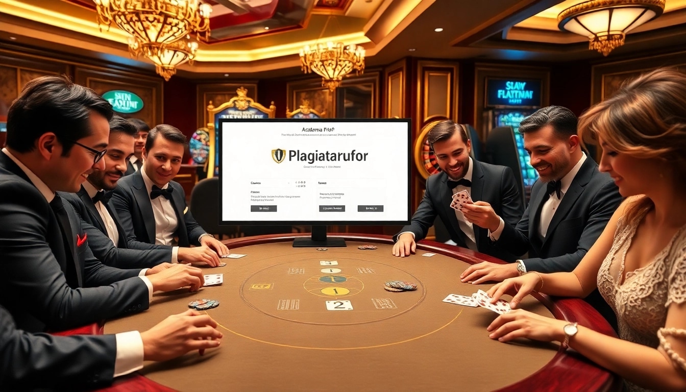 Plagiat prüfer software shown in an upscale casino setting with players at tables.