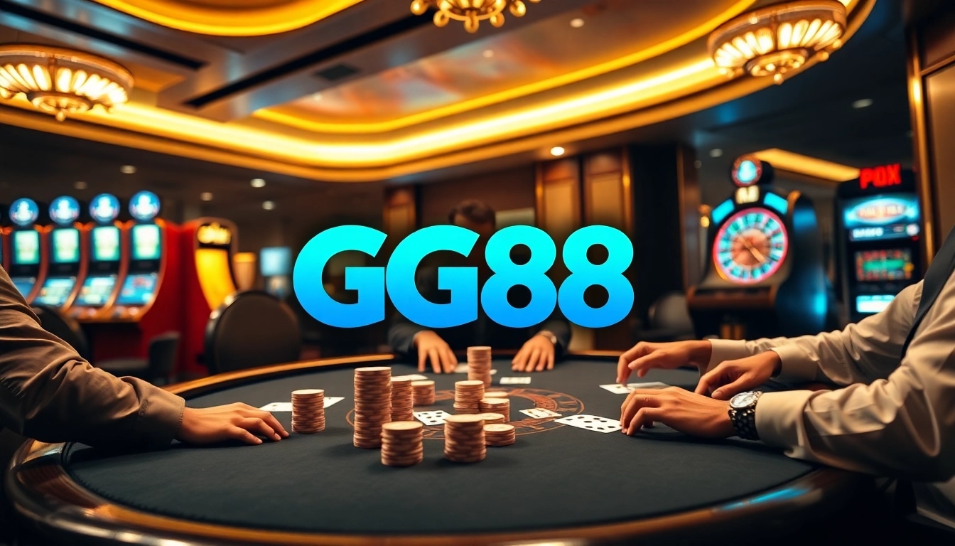 Professional poker players engaging at GG88's high-stakes table, showcasing excitement and strategy.
