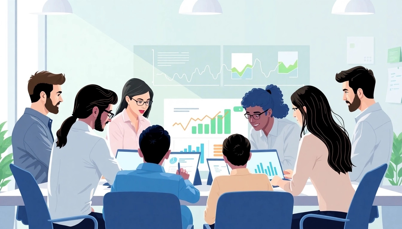 Online Marketing Strategie in einem modernen Teamarbeitsumfeld mit Laptops und kreativen Elementen.