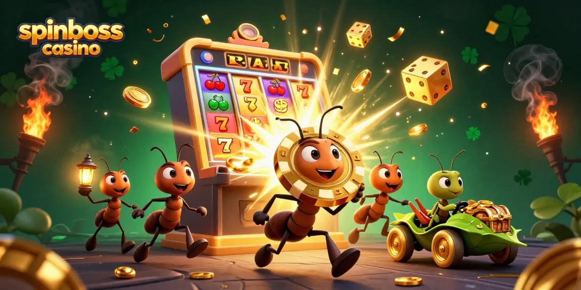 Vorstellung eines spannenden Spinboss Casino Szenarios mit einer Heist-Themenillustration durch Ameisen.