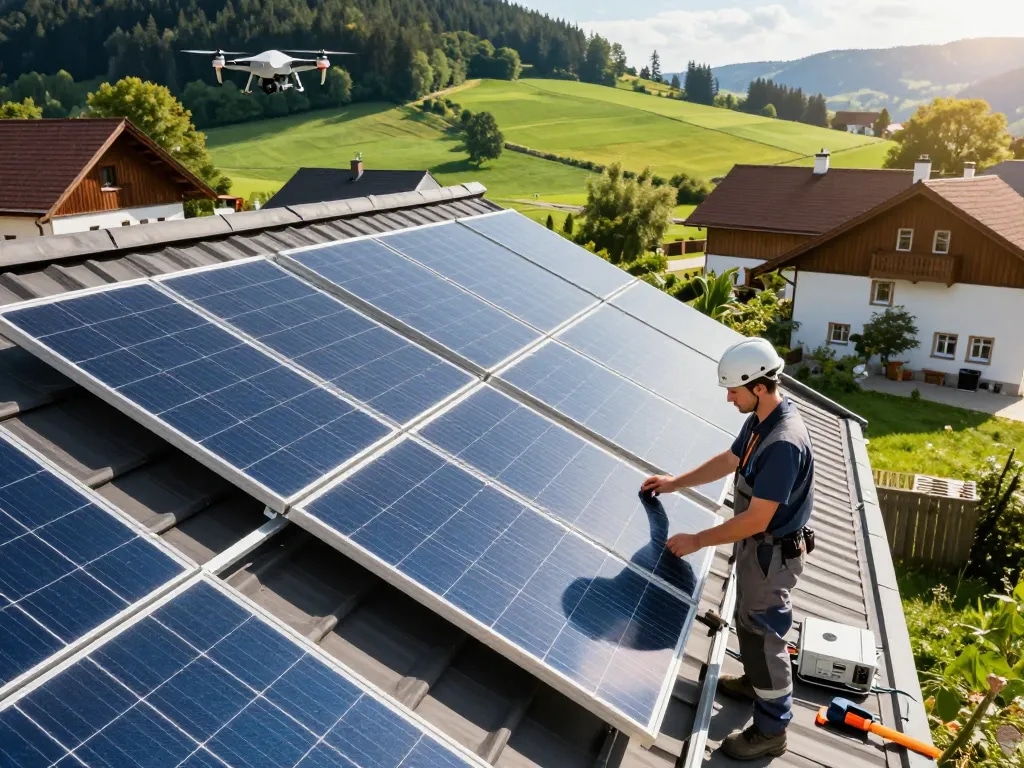 Installation von Photovoltaik Bayern mit Techniker, der Solarpanels auf einem bayerischen Dach inspiziert.