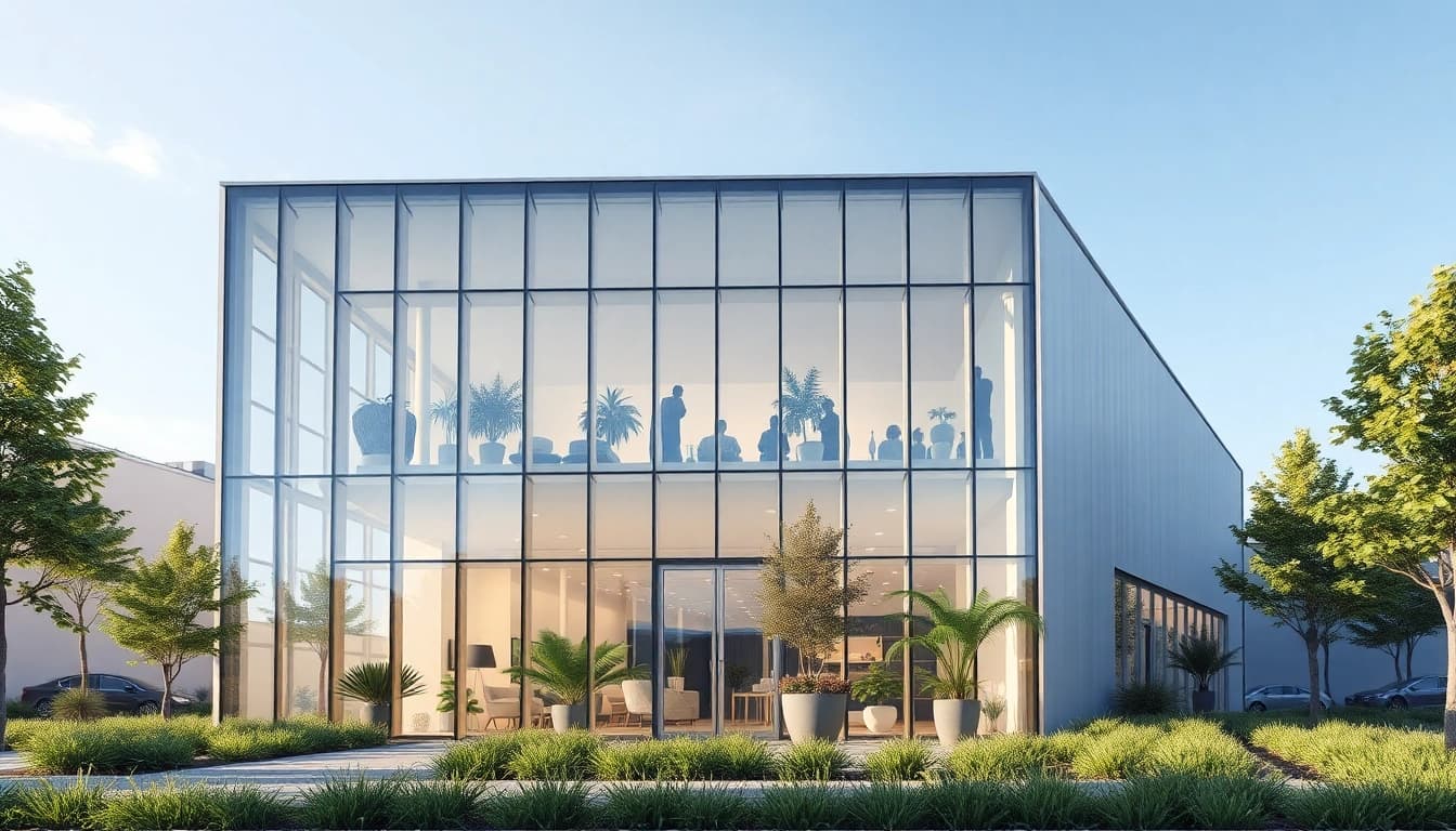 Fotorealistische 3D-Visualisierung Architektur in einem modernen Büro mit hellen Farben und klaren Linien.