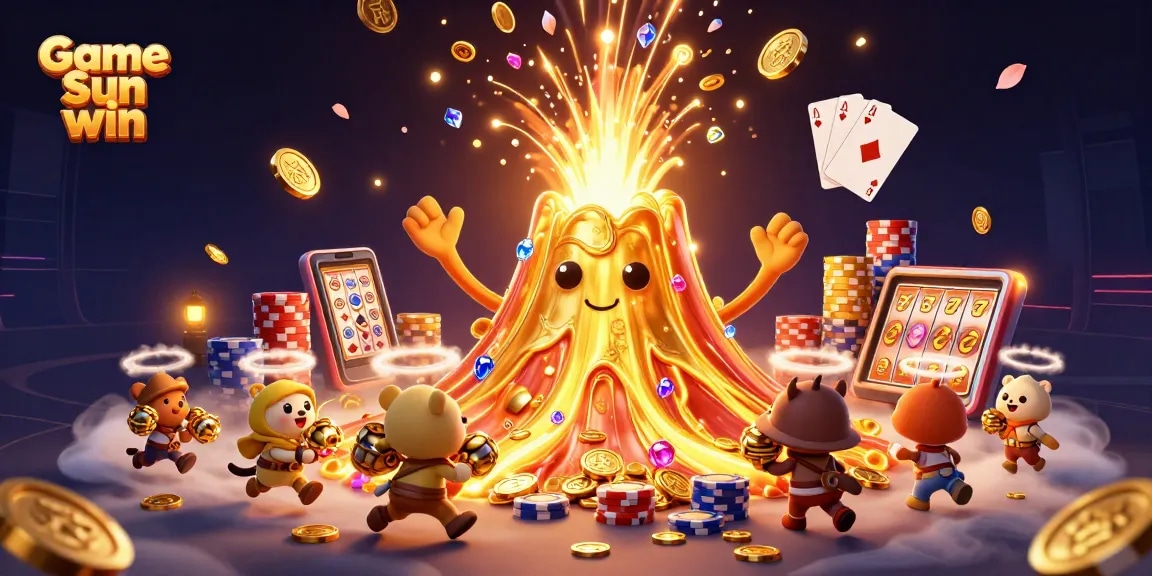 Win big with Game Sun win, a vibrant illustration of a 3D golden volcano erupting treasure amidst lively casino elements.