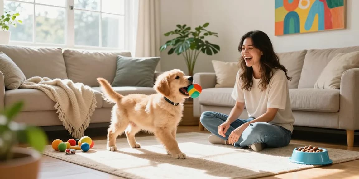 Owner playing with a golden retriever puppy showcasing rokok88 alternatif pet care products in a bright living room.