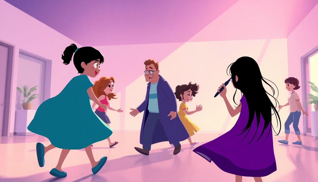 Animierte Charaktere in einer lebhaften 2D Animation, die sich in einem bunten, kreativen Raum bewegen.