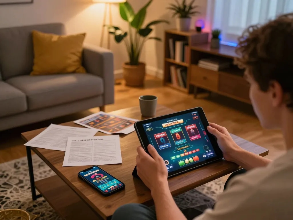Engaged user playing cloud-africa casino games on a tablet in a cozy living environment.
