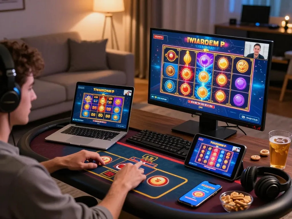 Players enjoying aud77 casino games on modern devices in a cozy home environment