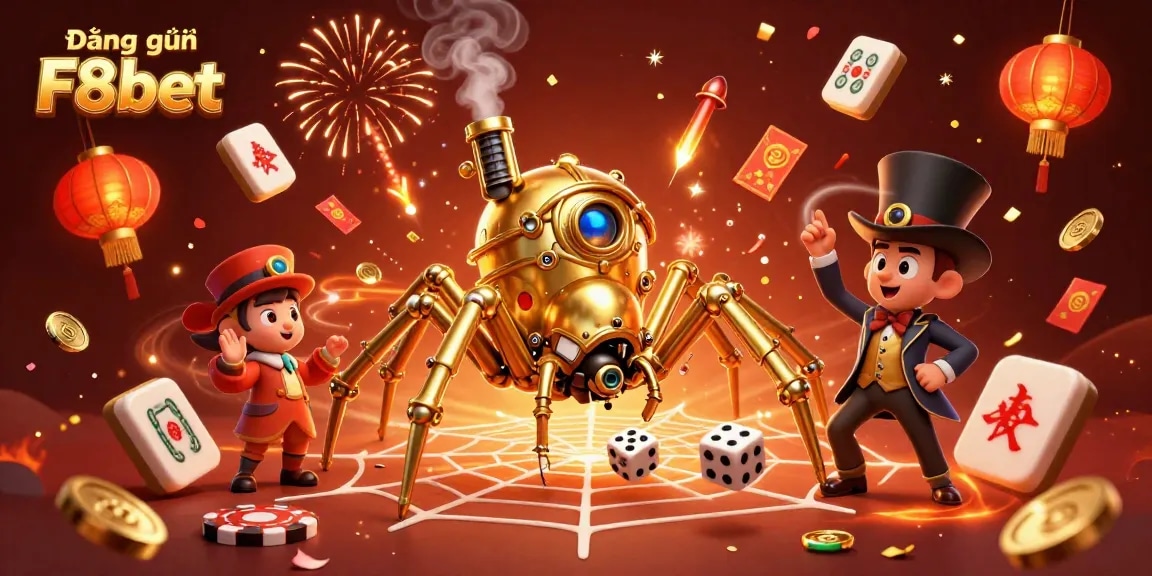 Play and win with Đăng ký F8bet in vibrant 3D casino illustration featuring steampunk elements.