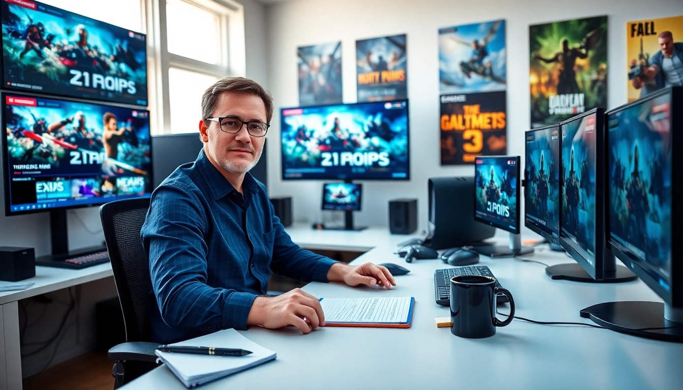 Aktuelle Gaming News Österreich auf mehreren Bildschirmen in einem modernen Büro.