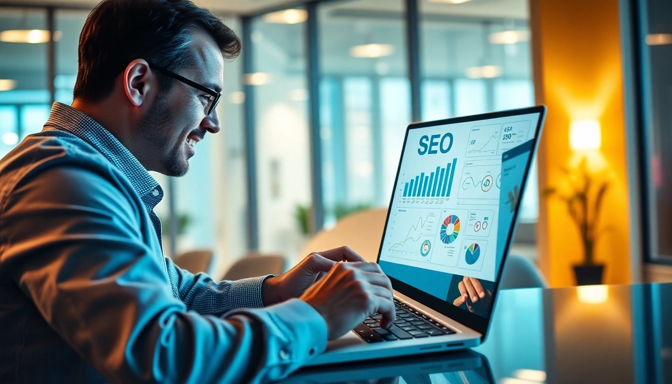 Ein SEO-Experte analysiert das SEO-Ranking auf einem Laptop in einem modernen Büroumfeld.