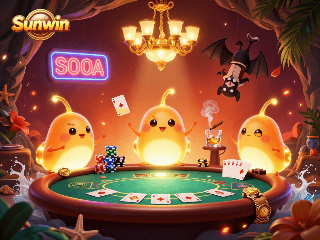 Experience vibrant gameplay at Sunwin with glowworms lighting a lively poker scene in a cave casino.
