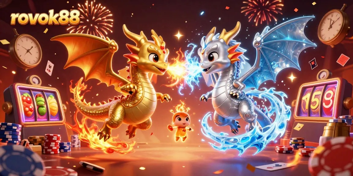 Experience winning excitement with rokok88 surrounded by poker chips, slot reels, and vibrant fireworks.