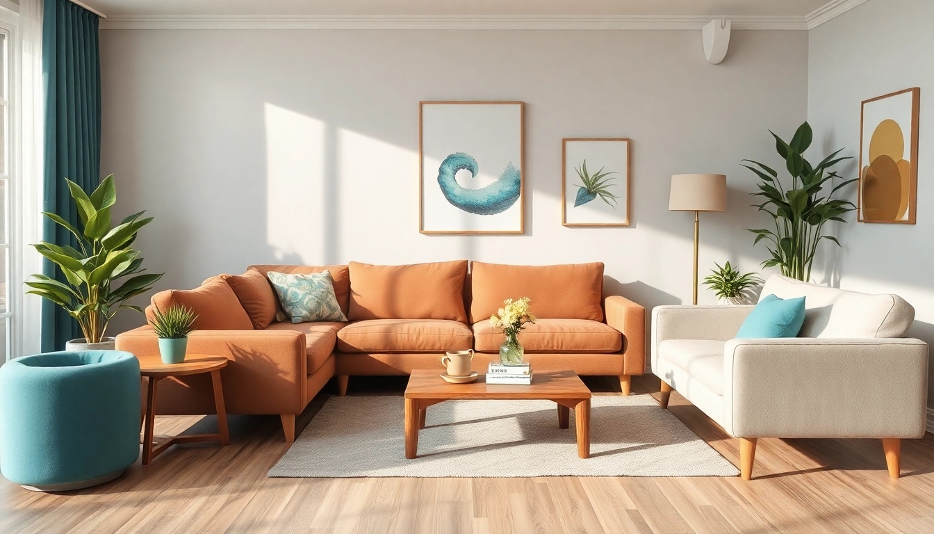 Moderne Raumgestaltung eines hellen Wohnzimmers mit stilvollem Sofa und Pflanzen.