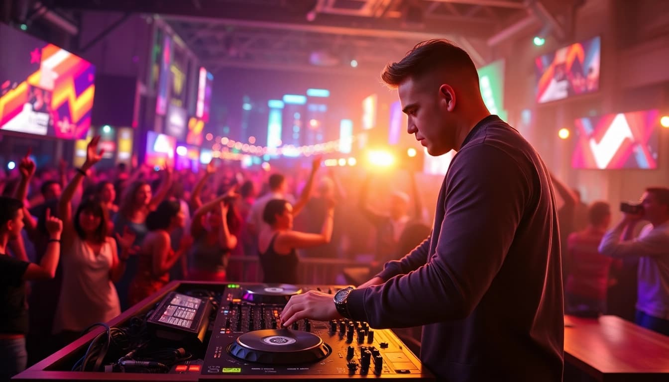 DJ aus München begeistert die Menge auf einer lebhaften Veranstaltung.