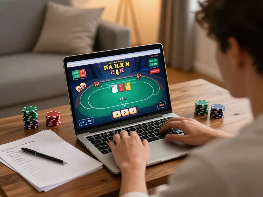 Player enjoying online poker at home using cm88 platform, surrounded by strategy notes and warm lighting.
