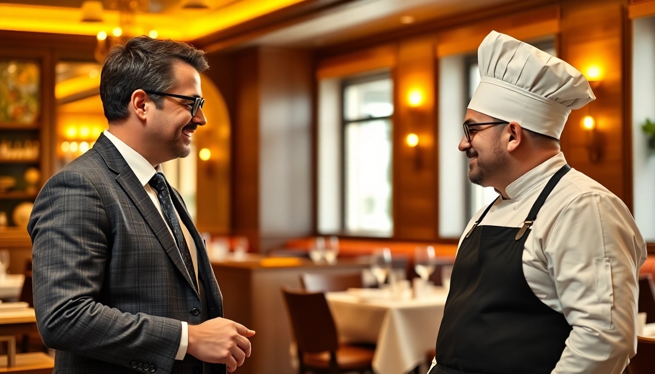 Der Headhunter Gastronomie spricht mit einem Koch und einem Restaurantbesitzer in einem eleganten Restaurant.