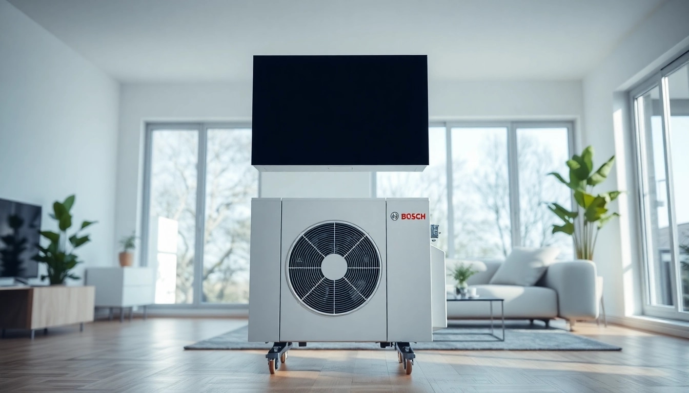 Wärmepumpe Bosch effizient und modern installiert in einem hellen Wohnzimmer.