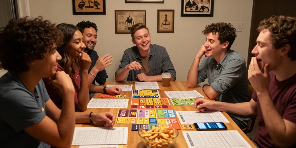 Exciting gathering for Quiz Allgemeinwissen, featuring friends engaging in trivia discussions, snacks, and a quiz app on the table.