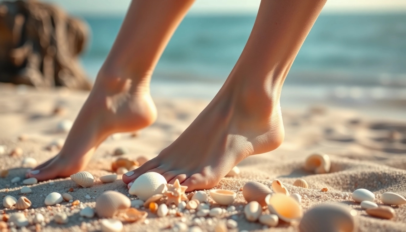 Fußbilder verkaufen mit stilvollen Füßen am Strand in einem eleganten Setup.
