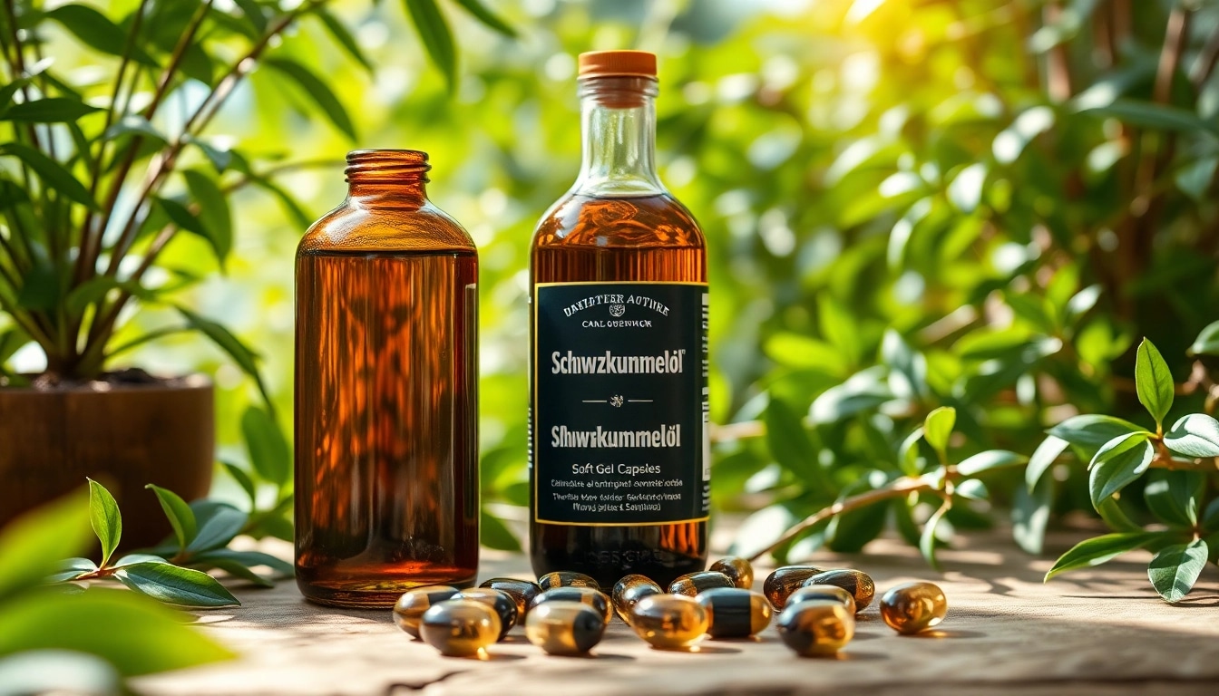 Schwarzkümmelöl in stilvollem Ambiente mit Kapseln und natürlicher Beleuchtung.