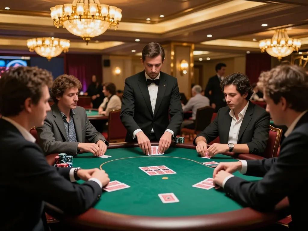 88xx players enjoying a thrilling poker game, showcasing excitement and strategic gameplay in a sophisticated casino environment.