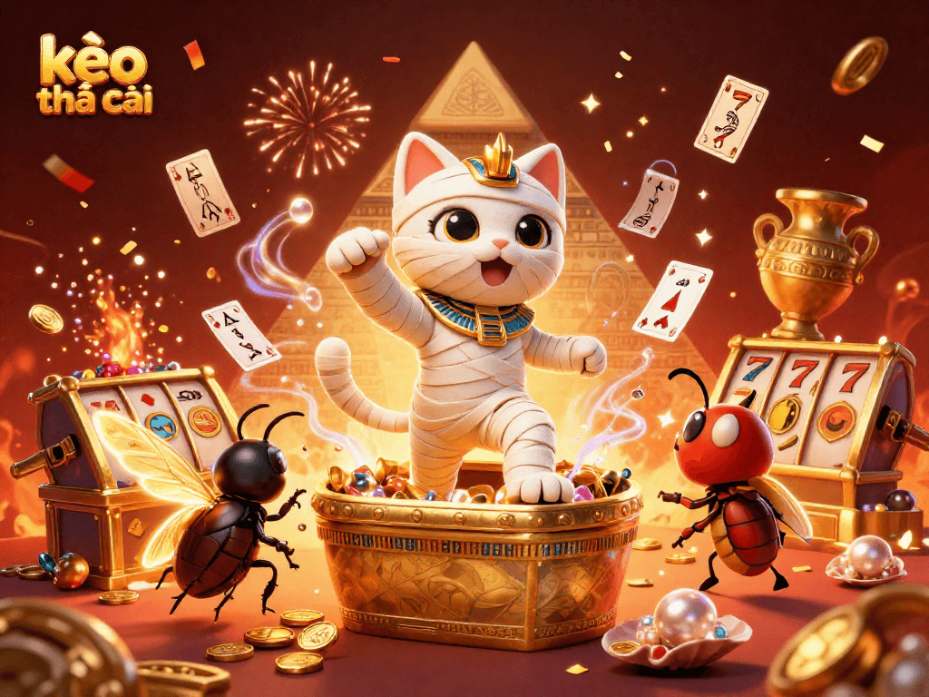 Experience the excitement of kèo nhà cái with a vibrant 3D cartoon illustration of casino elements bursting from the scene.