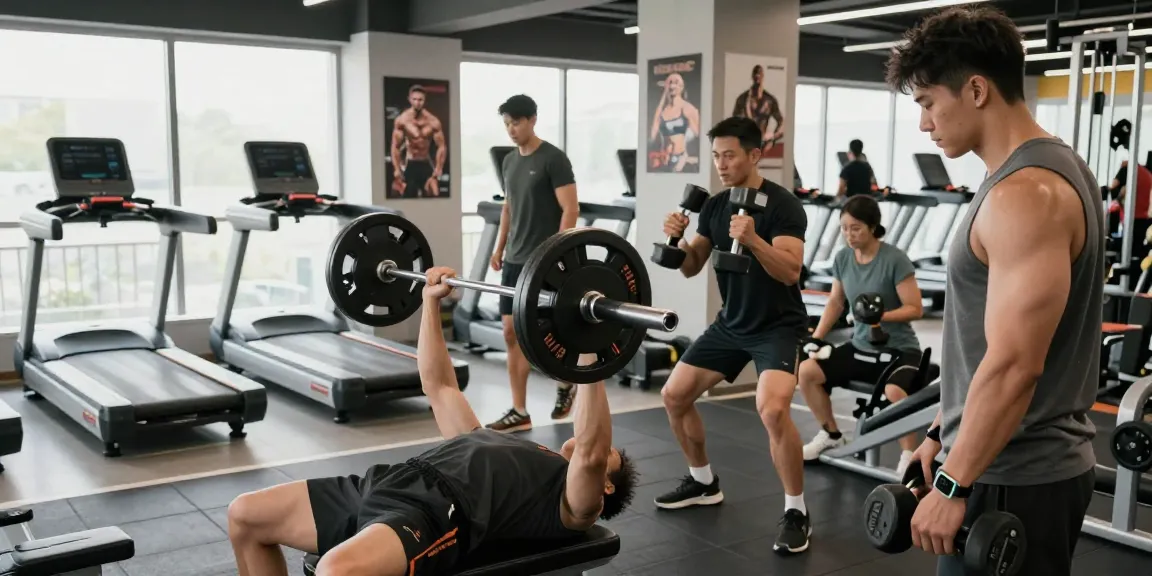 Anabolika Shop: Trainingsszene in modernem Fitnessstudio mit Bodybuildern beim Hochheben von Gewichten und motivierenden Elementen.