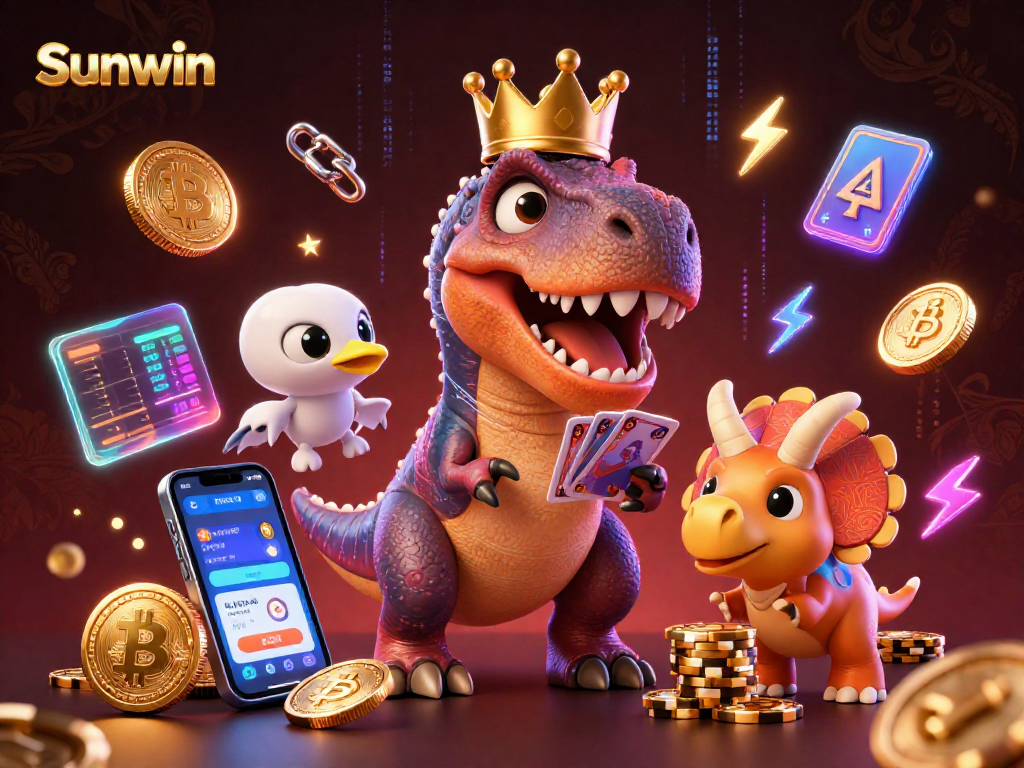 Engage with Sunwin and discover vibrant characters shuffling cards and stacking chips amidst crypto coins.