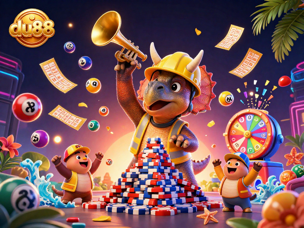 Experience du88 with a vibrant 3D casino scene of playful dinosaurs celebrating the jackpot.