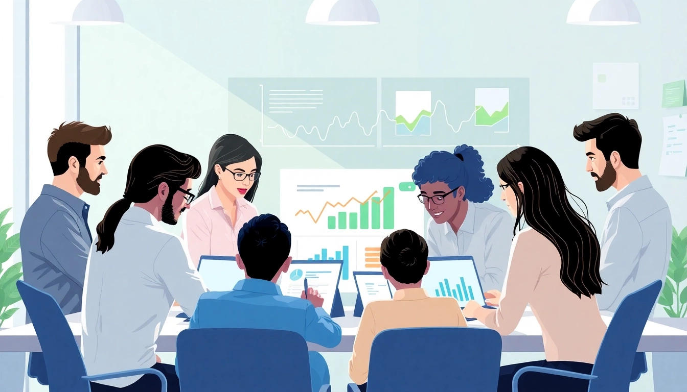 Online Marketing Strategie in einem modernen Teamarbeitsumfeld mit Laptops und kreativen Elementen.
