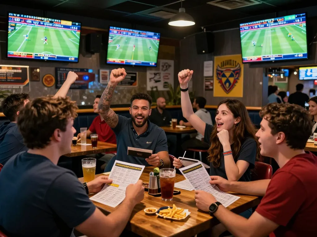 Engaging sports betting scene where patrons at Bsport enjoy live games and betting, showcasing excitement and camaraderie.