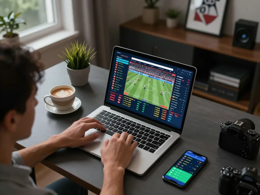 Man88 users engaging in online sports betting from a modern home setup, showcasing live odds and dynamic gameplay.