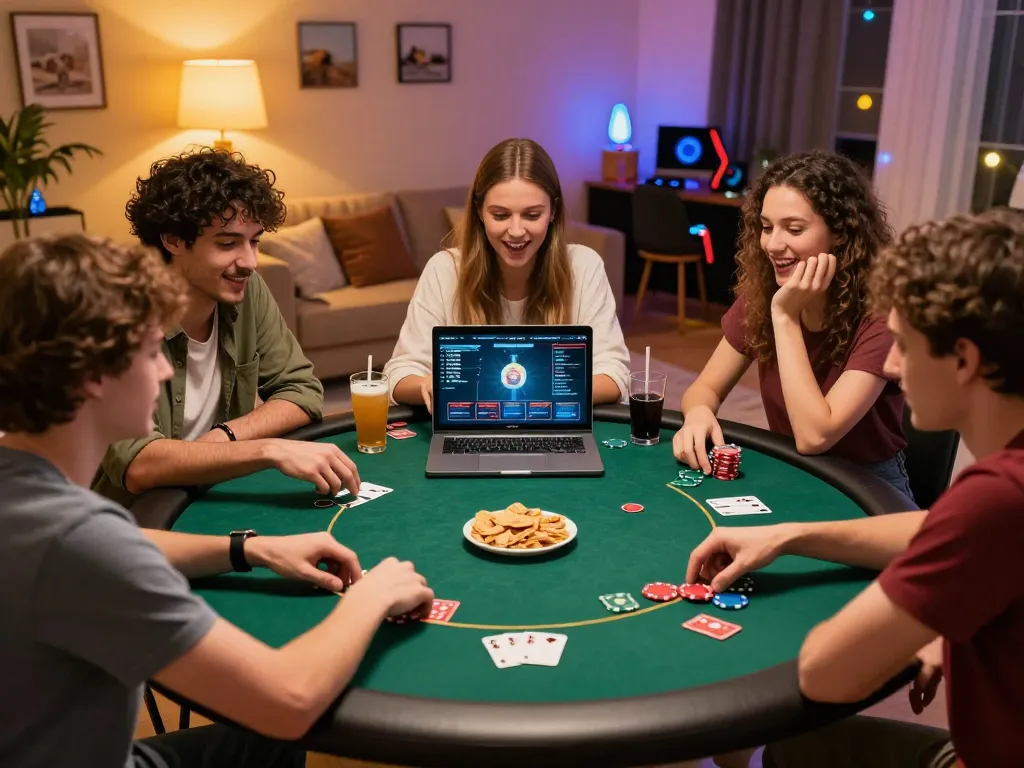 Friends play online poker on a laptop during a cozy gathering at home, sunwin themed decor amplifying the fun.