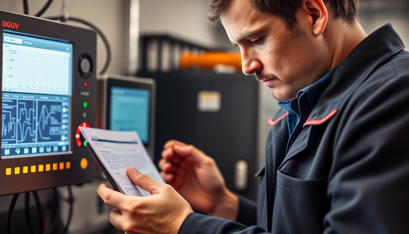 Techniker bei der DGUV V3 Prüfung eines elektrischen Geräts, konzentriert und professionell.