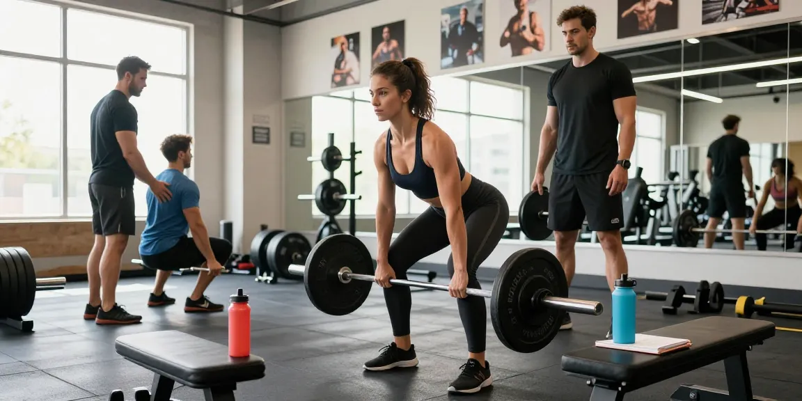 Anabolika Shop Deutschland - Sportliche Frau hebt im modernen Fitnessstudio mit Trainern und Geräten, was den Fitness-Lifestyle hervorhebt.