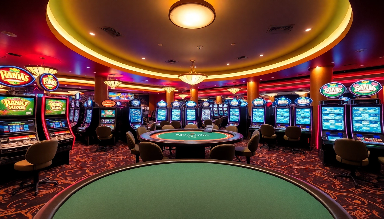 Spiele im Casino ohne Anmeldung genießen in einem farbenfrohen, modernen Umfeld mit Slotmaschinen und Pokertisch.