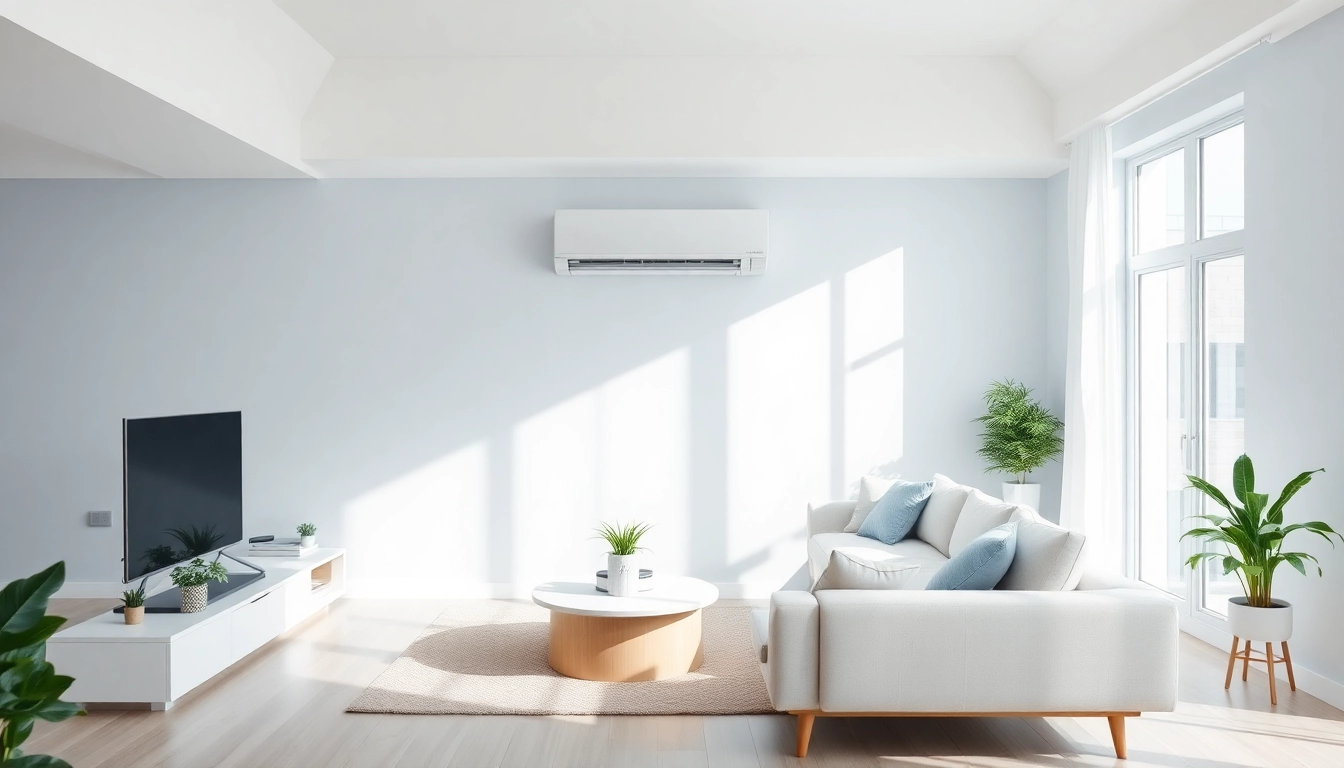 Buy Klimaanlagen kaufen: Comfortable living room showcasing a modern air conditioning unit on the wall.