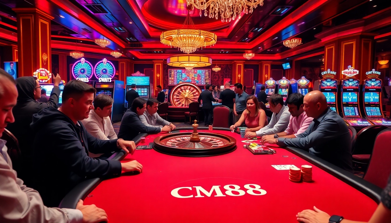 Players engage in high-stakes poker at a vibrant CM88 casino, showcasing excitement and strategy.
