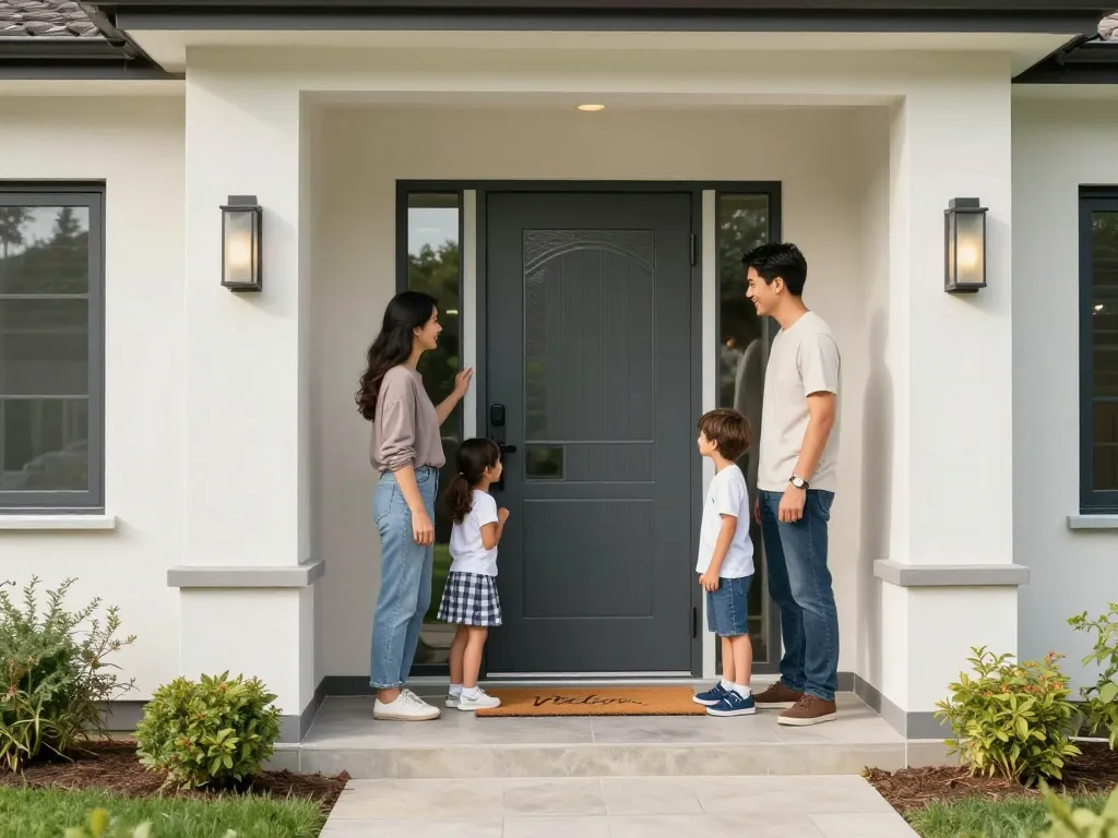 Familie, die stolz ihre neue Haustür vor einem schön gestalteten Zuhause präsentiert und Wärme sowie Stolz ausstrahlt.