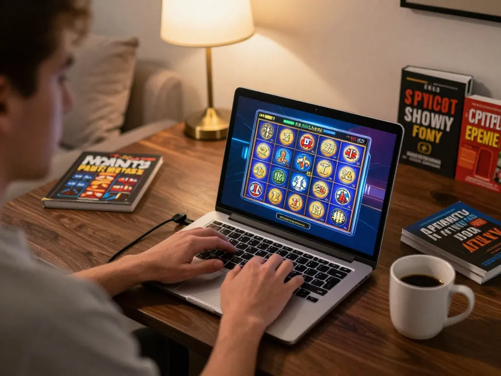 Player engaging with online casino games at 23win, showcasing a cozy gaming setup with strategy notes