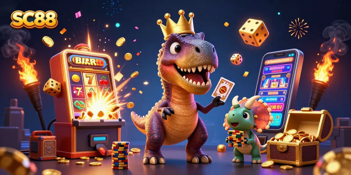 Engage in gaming fun with SC88 as T-Rex, pterodactyl, and triceratops celebrate casino wins.