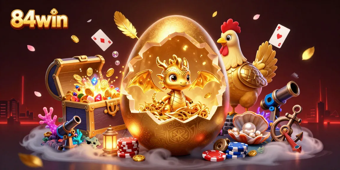 Win big with 84win in this vibrant casino-themed illustration featuring golden treasures.