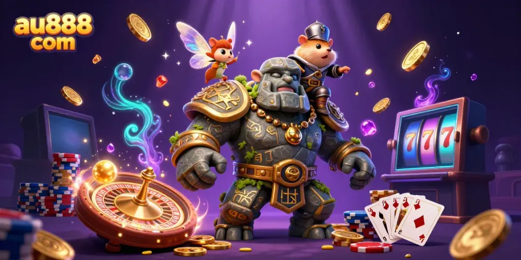 Experience thrilling gameplay with the golem and hamster knight in this magical au888 com illustration.
