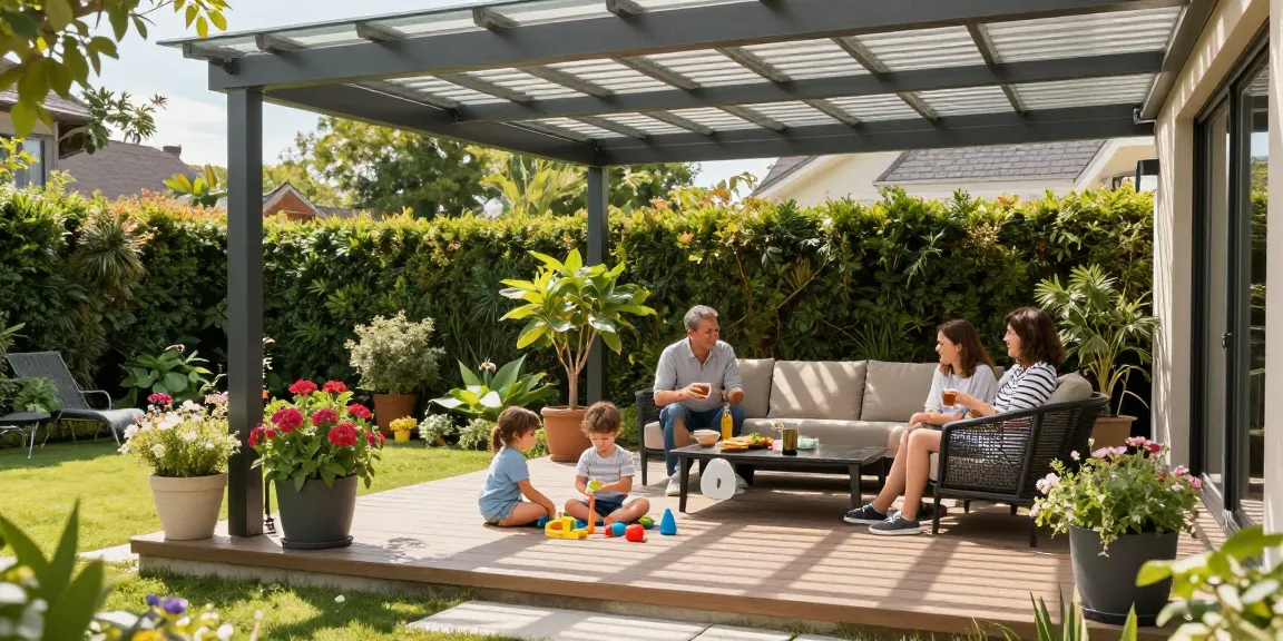 Familie genießt den sonnigen Tag unter Terrassenüberdachungen, moderne Alu-Struktur im Garten.