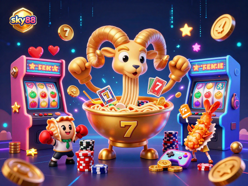 Engage with exciting gameplay at sky88, featuring animated casino characters in a slot machine scene.