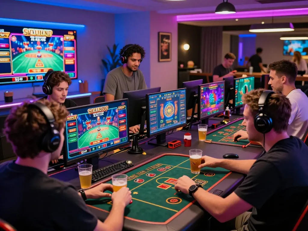 Exciting gaming scene with diverse players enjoying BJ888 online casino games in a vibrant, modern lounge atmosphere.