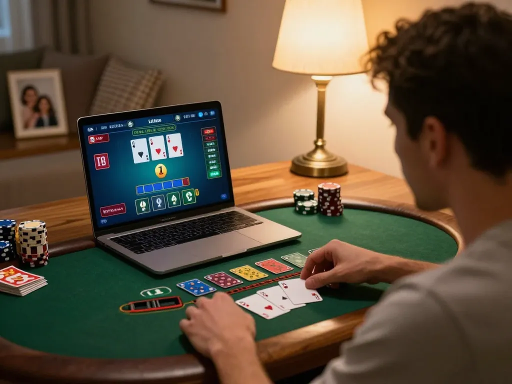 Engaging in a thrilling online blackjack game with 78winvina, showcasing strategy and excitement in a home setup.