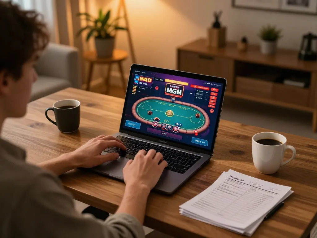 TWIN68 player enjoying an immersive online poker game setup with vibrant graphics and strategy notes.