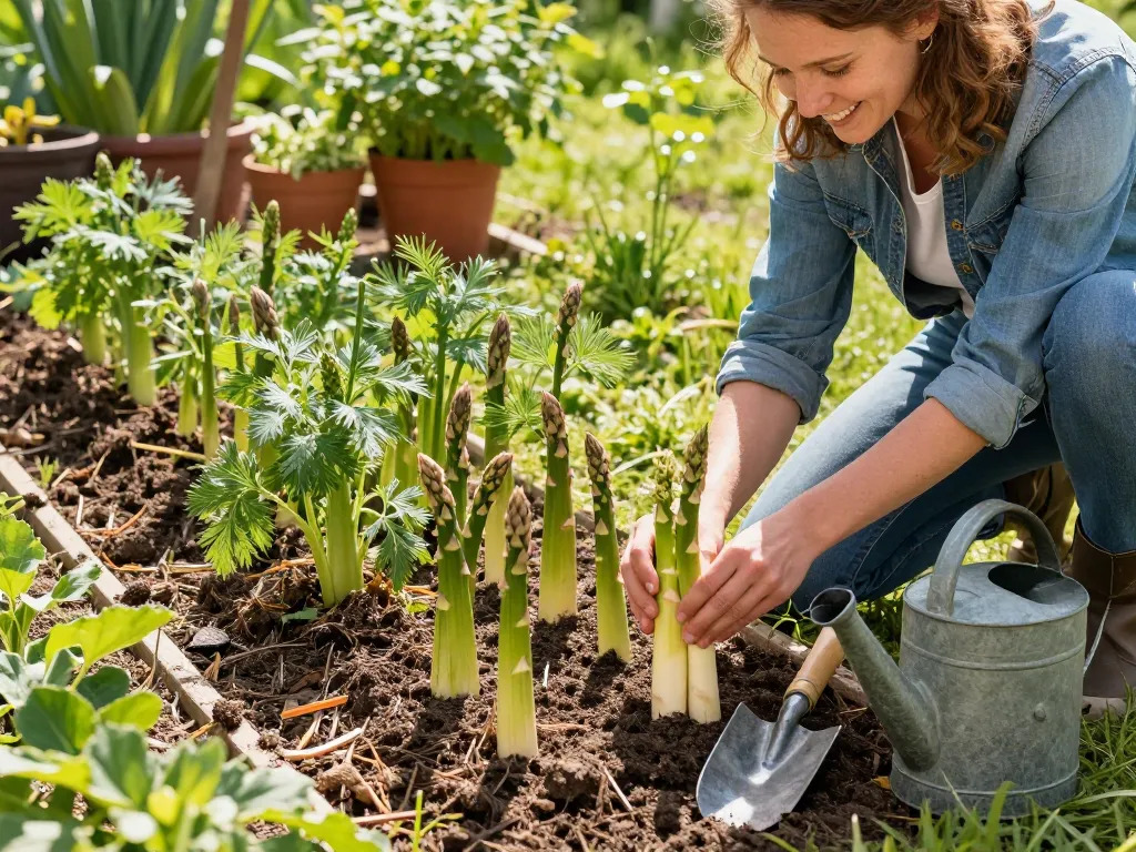Healthy spargel pflanzen thriving in home garden with gardener inspecting the growth under spring sunlight.