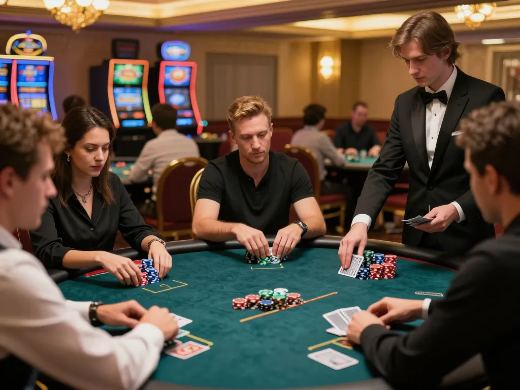 Engaged players at a poker table strategizing in the upscale atmosphere of 98win9 casino.